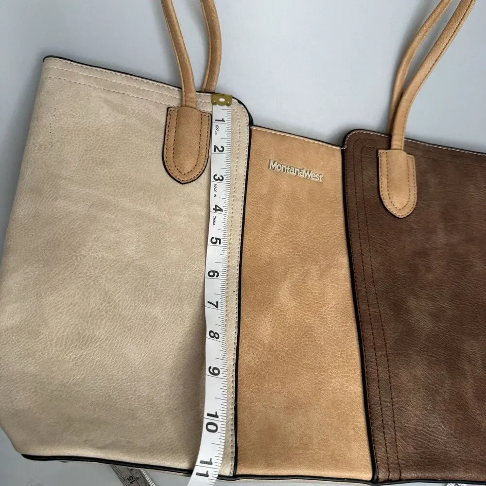 Montana West Tri-Color Cream Tan Brown Tote Vegan Leather Purse Zip Close Studde